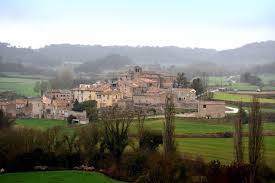 Fontanero Bellprat: calle tranquila con casas de piedra y árbol frondoso en el pueblo catalán de Bellprat.