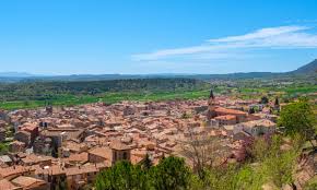 Calle sinuosa en Berga con un fontanero trabajando junto a edificios históricos y montañas al fondo.