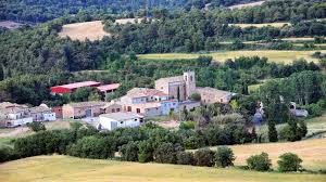 Fontanero Sant Pere Sallavinera, calle tranquila con casas de piedra y montañas al fondo en un día soleado.